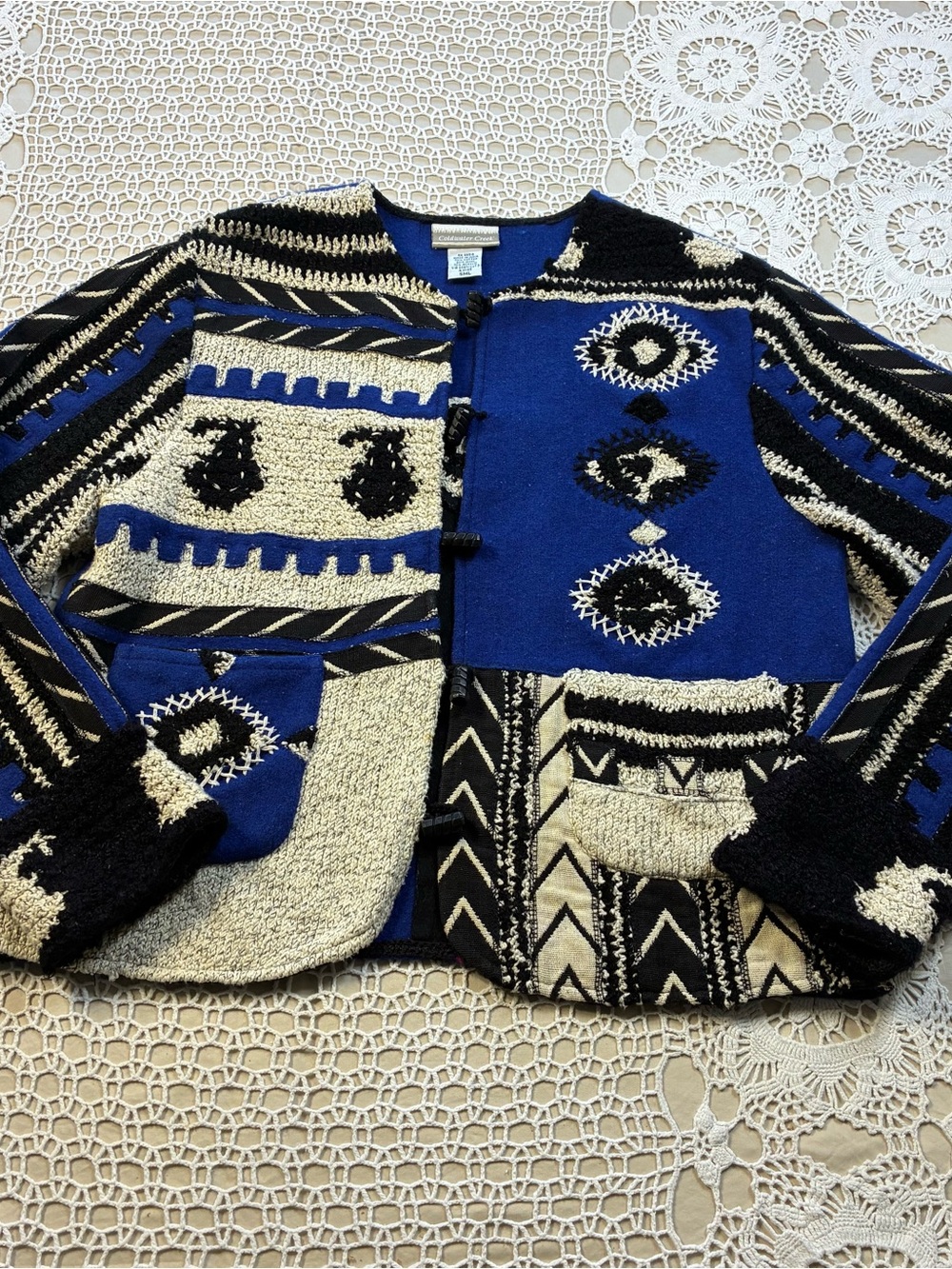 Coldwater Creek Blue Black & Cream Patchwork Cardigan